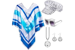 Bryndo 5 Pcs 70s Fancy Dress Set for Women, Disco Costume Accessories with Abba Pop Poncho Sequin Beret Hat Square Bling Sunglasses Earrings Necklace for 70s Theme Party Dress Up