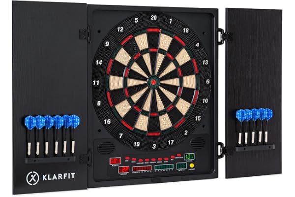 Klarfit Jeu de Flechette Electronique Adulte et Enfant, Jeux de Flechette Electronique Professionnel avec Ecran LCD, Scoreur Numérique, 12 Fléchettes Acier Colorées avec Rechanges, Jeu Flechette Pro
