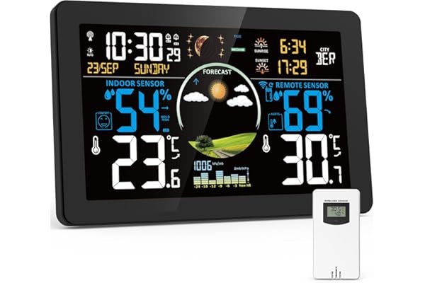 VIFLYKOO Station Météo Sans Fil, Thermomètre et Hygromètre Intérieur Extérieur avec Capteur Externe, Prévisions Météo, Écran VA 7,5", Baromètre, Alarme, 4 Rétroéclairage Réglable