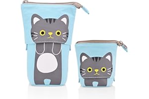 JODSEN Cute Carton Stand up Pencil Holder,Canvas Pen Pencil Case Organizer Transformer Stand Store Pencil Case Box, Telescopic Stationery Pouch Bag with Zipper Closure for Boys Girls Students (Blue)