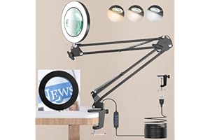 ZABOUL 10X 15X Magnifying Glass with Light, 3 Color Mode Stepless Dimmable Lighted Magnifier Clamp Lamp with Remote Control, Adjustable Arm 4.3" Glass Lens LED Magnifying Desk Lamp for Hobbies Reading
