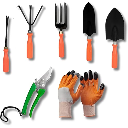 Kraft Seeds Home Tools, 7Pcs Gardening Tools Kit for Home Garden - (Cultivator, Fork, Trowels, Weeder, Gloves, Pruner Cutter), Lightweight, Portable, Durable Gardening Items for Indoor and Outdoor Use