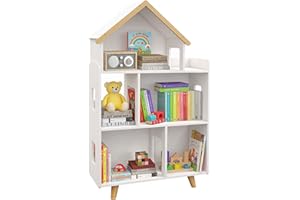 ZONEKIZ Regał do przechowywania zabawek dla dzieci i książek, szafka do przechowywania w kształcie domu – 3 poziomy z półkami – lite drewno – 65 x 25 x 108,5 cm – biały i naturalny