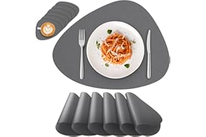 ‎DEYOOXI Deyooxi Tischsets Abwaschbar - 6er Set Platzsets Oval mit Untersetzer rutschfest Platzdeckchen Doppelseitigen Tischsets, PU Kunst Leder Hitzebeständig - 41.5×31cm,Grau