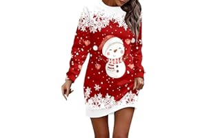 WVONIF Robe de Noël Femme Père Bonhomme de Neige imprimé Mignon Robe de Noel Grande Taille Robes Sweat-Shirt Chaud Col Rond Manches Longues Robes Pulls Grande Taille Hiver Pullover Déguisements Pere Noel