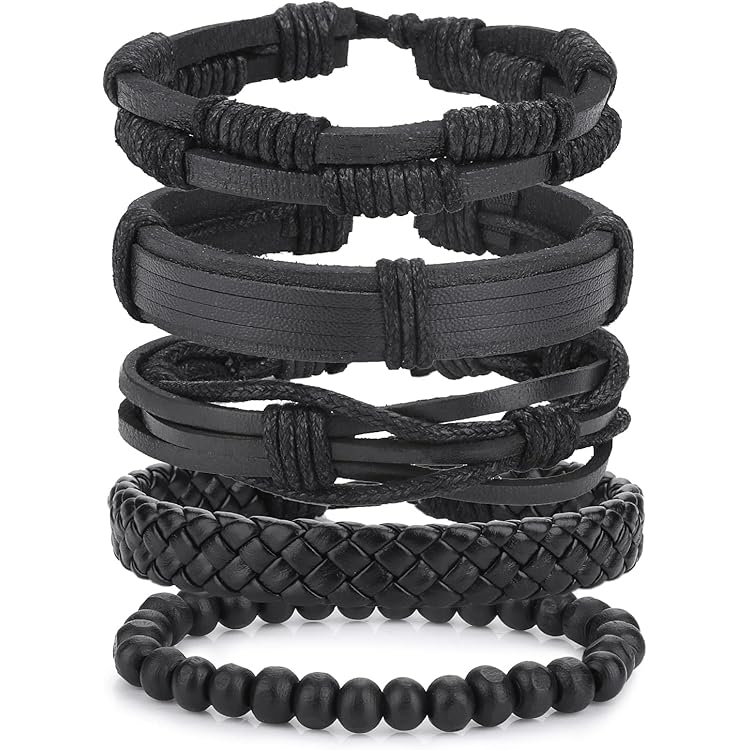 Leren armband, mannen, gevlochten brede polsband, zwart, punk, rock, schedelarmband, set voor mannen, vrouwen, vintagearmband, verstelbare lengte, 6 stuks, 9.8 inches, Metaal, Geen edelsteen