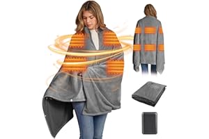 QDRECLOD 160x90cm Heizdecke Kabellos mit 16000mAh Akku, Waschbar Flanell Heizdecke zum Anziehen mit 6 Heizzonen und 3 Temperaturstufen, USB Elektrische Wärmedecke für Sofa, Büro, Reisen, Camping (Grau)