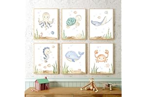 BeiYiHo 6 Cuadros Animales Marinos Laminas Infantiles Animales Marinos Ballena Tortuga Poster Habitacion Niño 21x30 Lienzo Animale Mar Decoracion Bebe Marino Pared Dormitorio Niño Regalo SIN MARCO