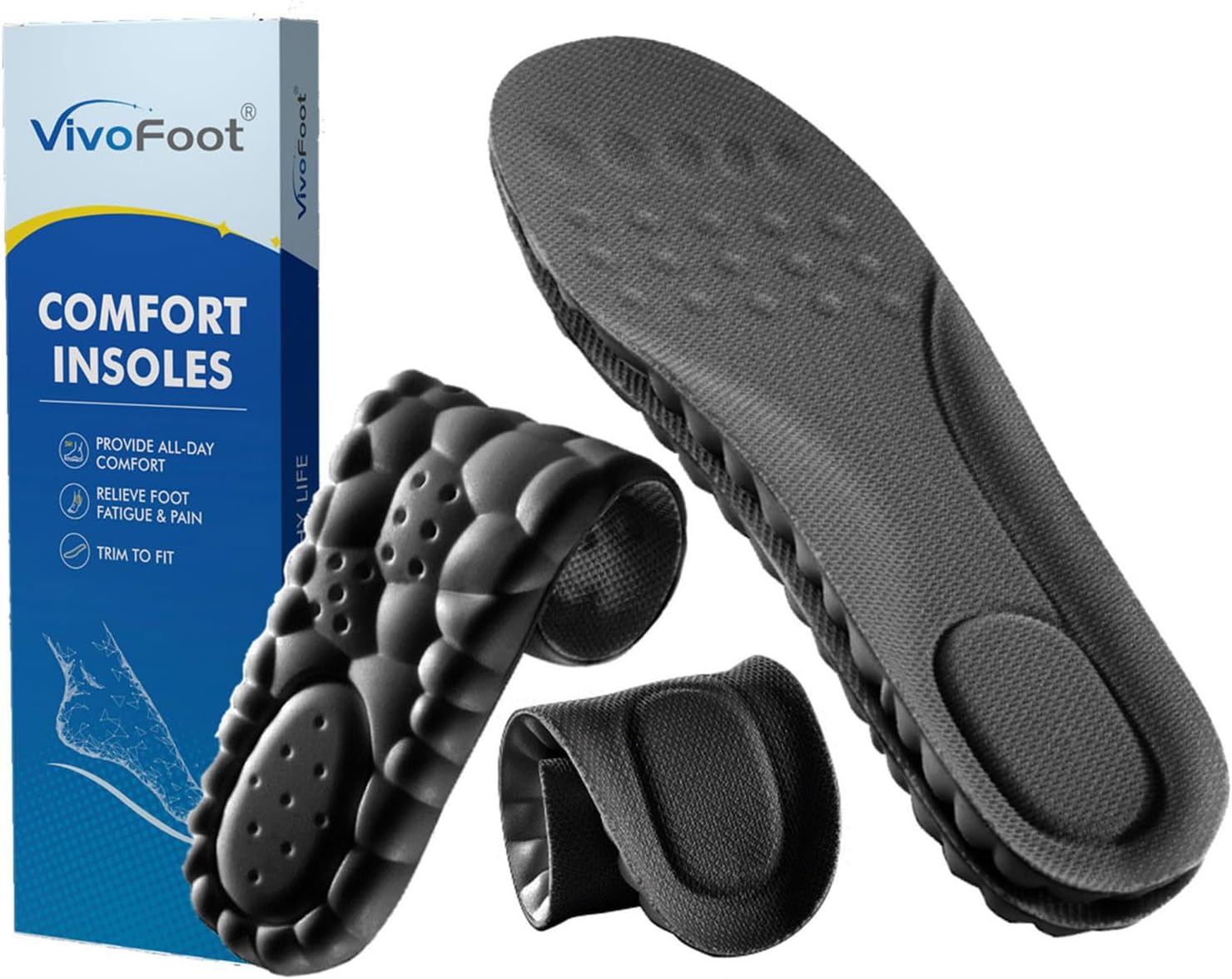 VivoFoot Memory Foam Insoles, Anti-Fatigue Pain Relief Everyday Work Sports Running Comfort Shoe Inserts, Cloud Sole Pads, Cushion Replacement Filler, Trim to Fit for Men & Women (UK 7-10, Black)