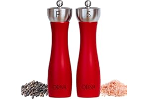 ORNA THE SOUL OF YOUR HOME ORNA Salt and Pepper Grinder Set Wooden Pack of 2 – Refillable Adjustable Coarseness Manual Spice Mill Set in Gift Box – 8.5 in / 21.5 cm – Red