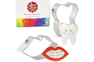 Ann Clark Cookie Cutters Juego de 2 cortadores de galletas dulce sonrisa/dentista con libro de recetas, boca y muela