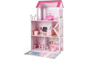 FantASK Trädockhus 120,5 cm hög, dockvilla med 3 våningar och 17 möbler, lekhus för flickor och pojkar från 2 år, 73 x 34 x 1