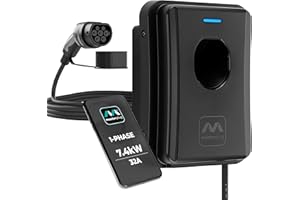 Masterplug Smart EV Home Wall Charger for Type 2 Electric and Plug-In Hybrid Vehicles, Tethered with 5m Cable, Mode 3, App Control, Solar Charging, Single Phase, Black, IP55, 7.4kW, 32A, EVCM3ST7B-MP