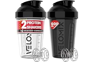 VELOMIX -2 PACK- 600ml Eiweiß Shaker - Auslaufsicher Shaker Proteinshake mit 2x Kugel, Drehverschluss & Mess-Skala | Protein Shaker Bpa Frei | Spülmaschinengeeignet