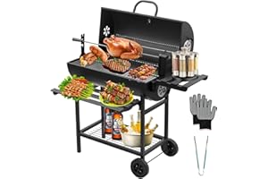 TEENO Barbecue Charbon de Bois,avec Grille de Cuisson XXL,Gants Anti-BrûLures, ThermomèTre,Tiroir à Cendres, éVent RéGlable,Grand Barbecue au Charbon de Bois(Upgraded (with Chicken Grill))