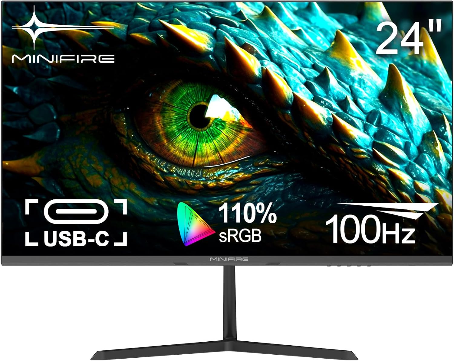 Minifire 24-inch USB-Type C Monitor, 1920x1080 Full HD, 100Hz, 4000:1 High Contrast Ratio PC Screen, 75% DCI-P3, HDR, 8 Bits, USB-C&HDMI 1.4, VESA 75x75mm (MF24X3AL)