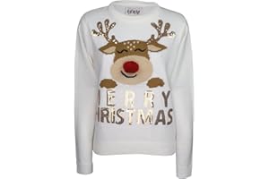 Xact Women’s Sequin Christmas Jumper – Novelty Festive Knitwear with Sparkling Designs – Funny “Merry Fizzmas” & “Christmas Spirit” Styles – Ladies Crew Neck Acrylic Jumper for Xmas Day