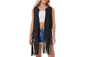 Panegy Gilet da donna con frange anni '70, costume hippie in finta pelle scamosciata, senza maniche, con nappe, cardigan, cowgirl, top