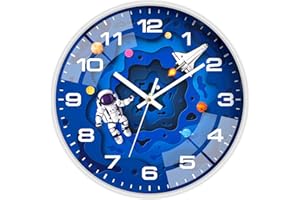 ALEENFOON Reloj de Pared Infantil de 30 cm para niños, silencioso, sin Grietas, Cuarzo, Reloj Decorativo, Viaje de Astronauta, para niños, Reloj de Pared Redondo para Dormitorio, Sala de Estar, Aula