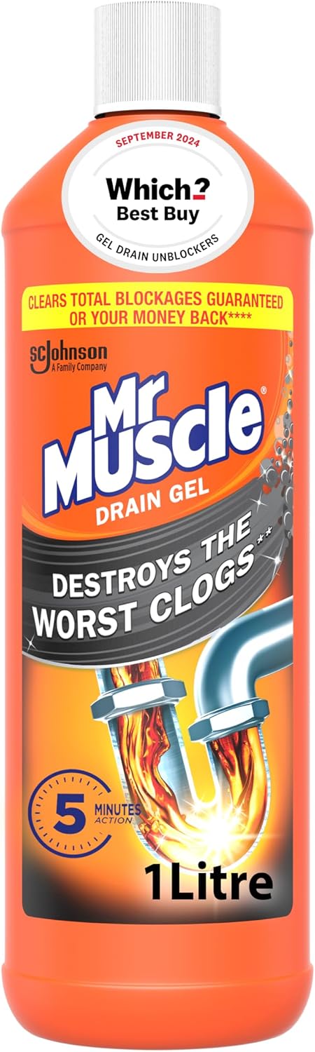 Mr Muscle Drain Unblocker Liquid (1L), Sink & Drain Cleaner, Strong & Fast Acting Heavy Duty Power Gel, Dissolves Clogs (Packaging May Vary)