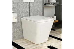 ROBANMOA Back to Wall White Ceramic WC Compact BTW Bathroom Toilet - Modern Square Short Projection - Soft Close Seat - Concealed Pipework