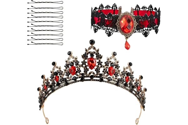 Barock brud kronor med gotiskt halsband för kvinnor vintage kristall röd strass pannband tiara strass glänsande drottning prinsessa dekoration för halloween karneval bröllop födelsedag