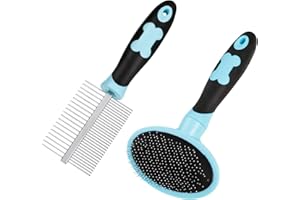 tonyg-p Dog Grooming Brush Comb Kit, Soft Slicker Brush + Double Sided Grooming Comb for Small Medium Large Pets with Long Hair (Blue)