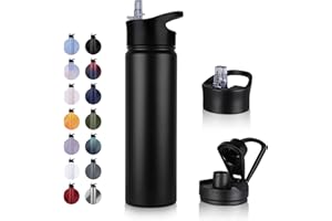 UMBFUN Edelstahl Trinkflasche - 750ml - mit Strohhalm,Auslaufsicher,Kohlensäure Geeignet,BPA frei Thermosflasche(+2 Deckel) Vakuum Doppelwandisolierung für Sport,Reisen,Camping,Schule,Fahrrad,Gym