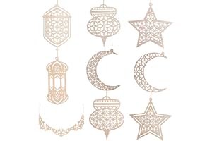 ‎KOIROI Holz Anhänger Ornament, 9 Stück Ramadan Deko, Ramadan Kareem Dekoration, Eid Mubarak DIY Dekoration Anhänger, Halbmond Sterne Ornament für Ramadan Eid Mubarak Dekorationen, Islam Deko