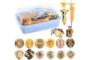 3T6B 12 Pcs Peonzas Juguetes Conjunto, con Caja de Aluminio Portátil, Gyro Spinner Estuche Set con 2 Burst Turbo Launcher, Cumpleaños, Navidad Regalo para los Niños, Dorado