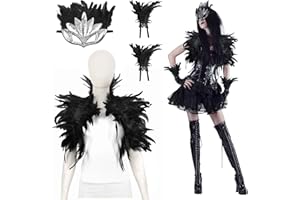 LOHAME Chal Gótico de Plumas para Mujer - Capa Con Puño de Plumas Negras - Bolero Victoriano para Halloween, Carnaval y Disfraces