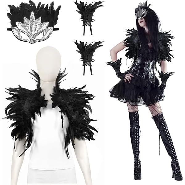 Set Scialle E Polsini In Piume Nere - Stile Gotico, Per Halloween E Cosplay, Taglia Unica, Con Maschera - Foto 3