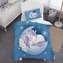 Housse De Couette Licorne 140x200 MUSOLEI Rose 3D - Parure Lit Enfant Fille Avec Taie D'Oreiller