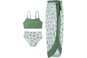 ESHOO Youth Girls Swimsuits 3 Pieces Bikini Bathing Suit with Cover Up Skirt Wrap Sets Kids Tropical Floral Bikini Swimsuits Beach Swimwear for Teen Girls