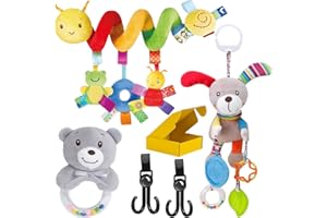 Megaser 4 PCS Giochi Passeggino Neonati, Spirale Passeggino Neonato + Appeso Gioco Passeggino Neonato + Sonaglio Morbido di Peluche + 2 Ganci per Passeggino (Pack 4 Prodotti)