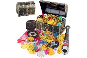 PLLYPE Piratskattkista Retro, 14 x 11 x 10 cm, med kompass, ögonlappar, teleskoprekvisita, lås och nycklar, för förvaring och dekoration, barns födelsedag, pirater barns födelsedag, skattkista