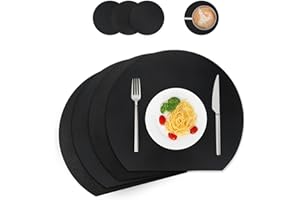 ‎WAKOSAN Tischsets und Untersetzer aus Kunstleder, Platzdeckchen abwaschbar,Platzsets abwaschbar,Tischdeko,Tischset rund,Platz-Matten für Küche Speisetisch,4er-Set (Halbkreis, Schwarz)