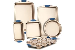 NutriChef Set 6 Teglie da Forno Antiaderente, Acciaio al Carbonio con Manici in Silicone, Stampo per Pane, Stampo per Muffin/Cupcake, Padelle da Arrosto Rotonde e Quadrate, Foglio per Biscotti