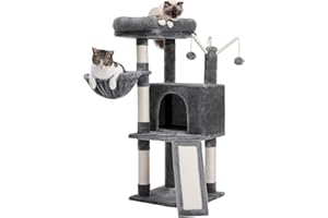 PURPLERAIN PurpurRain Katzenbaum, mehrstufiger Katzenturm für Hauskatzen, Katzenkletterbaum-Condo mit Sisal überzogenen Kratzpfosten, tiefer Hängematte und interaktivem Katzenspielzeug, Grau 105cm (Grau)