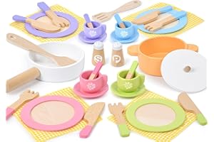 Atoylink Wooden Play Kitchen Toys Wooden Pots And Pans Playset with Kids Play Kitchen Accessories Tablecloth Toy Kitchen Set Pretend Play Gift For Kids Toddler Girls Boys 3 4 5 6 Years
