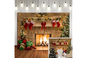 BINQOO 7x5ft Christmas Fireplace Tree Sock Backdrop Xmas Tree Red Sock Santa Garland Ball Party photography Background Booth Decor Props