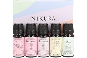 Nikura Best Sellers Essential Oil Gift Set - 5 x 10ml | Essential Oils for Diffuser for Home, Aromatherapy, Strong Fragrance, Sleep | Clary Sage, Geranium, Lavender, Lemon, Tea Tree | Pure & Natural