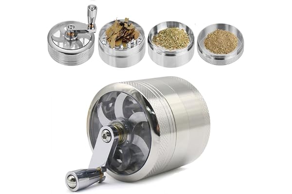 XUBX Grinder Moulin à Herbes, Grinder en Zinc Moulin à épice 55mm en 4 Pièces avec Manivelle, Pollen Crusher, à épices avec Double Chambre et récupérateur de Pollen (Argent)