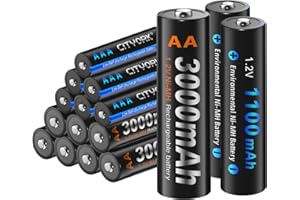 CITYORK NI-MH AAA*8 + AA*8 baterie Combo, Mixed Pack-High Capacity 1100 mAh + 3000 mAh, 1200 cykli baterii AAA AA, z pudełkiem do przechowywania (opakowanie 16)