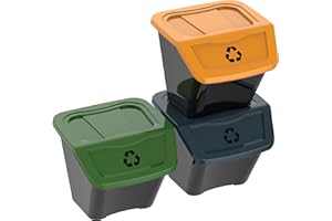 DEA HOME Pattumiera per raccolta differenziata ECOBIN, con 3 scomparti da 30 litri, in plastica, da interni ed esterni, colore nero, coperchio Verde, Blu, Giallo