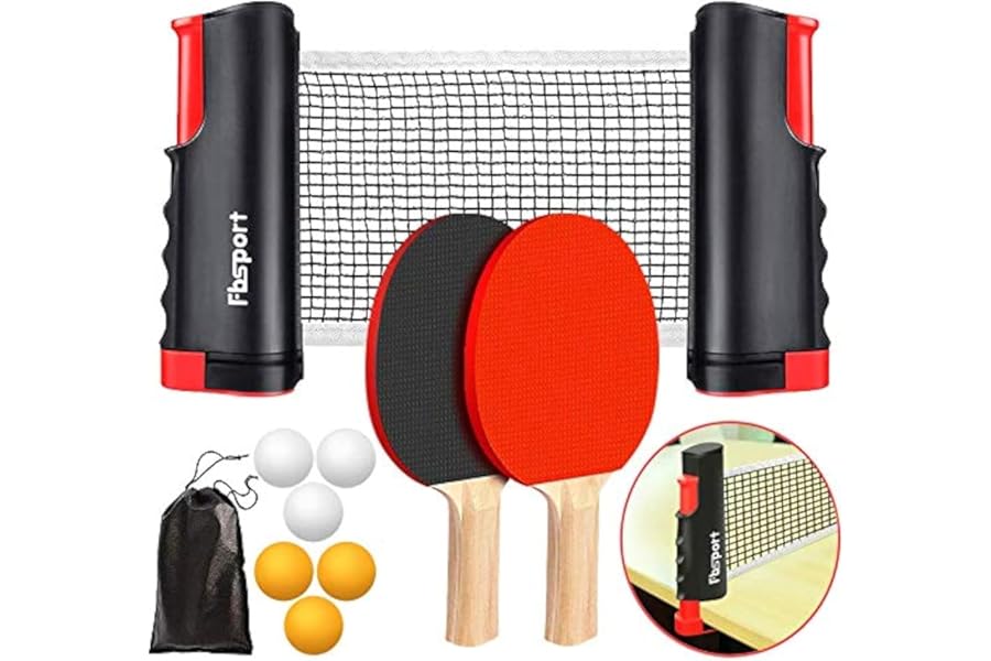 FBSPORT ping pong set, Table Tennis Sets, 2 Bats, 6 Balls and extendable ping-pong nets, Professional Ping Pong Racket Paddle Set with Carry Bag, for Indoor/Outdoor Games