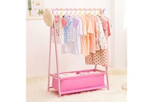 Yorbay Porte-vêtements pour enfants avec boîte de rangement, porte-habits, porte-vêtements pour enfants avec tringles de suspension, petit et pliable, en bambou