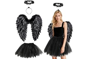 YeahBoom 3 Stück Schwarz Engel Kostüm Damen,60cm Engelsflügel Erwachsene mit Heiligenschein,80-130cm Tüllrock Damen,Engelskostüm für Halloween Karneval Cosplay Party Fasching Kostümparty