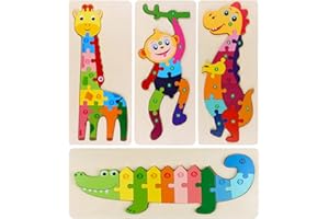 JAPACE Wooden Jigsaw Puzzles for Toddlers, Dinosaur Animals Puzzles for Kids 1 2 3 Year Old Montessori Educational Games Shape Number Early Learning Toys Gift for Boys Girls