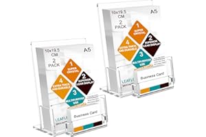 ROSSHINE A5 Leaflet Holder with Business Card Holder, Crystal Clear Acrylic Brochure Holder 2 Pack, Freestanding Menu Flyer Perspex Display Sands for Magazine Business Card Literature Pamphlet Booklets Menu